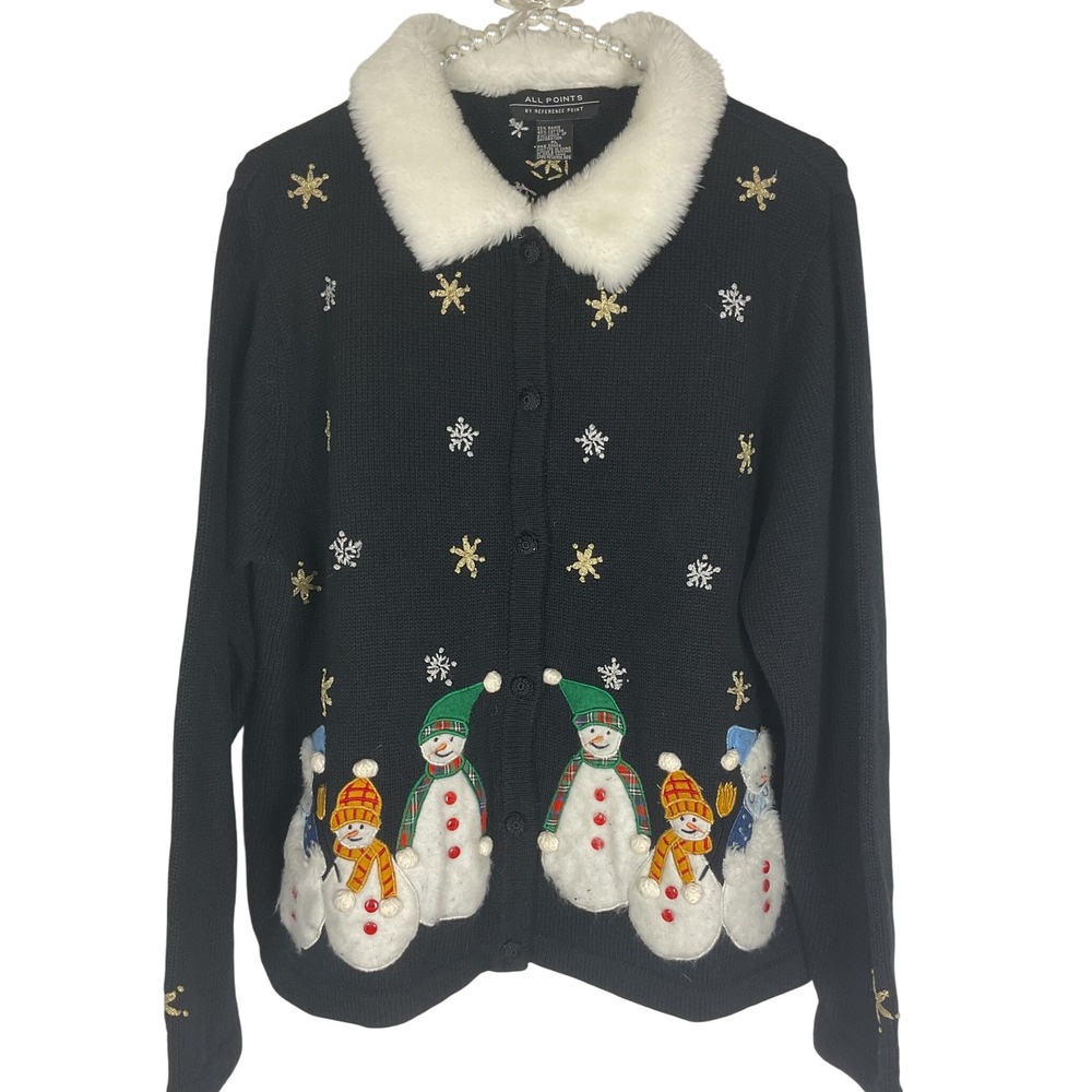 All‎ Points by Reference Point VTG Cardigan Christmas Snowman Sweater Size XL